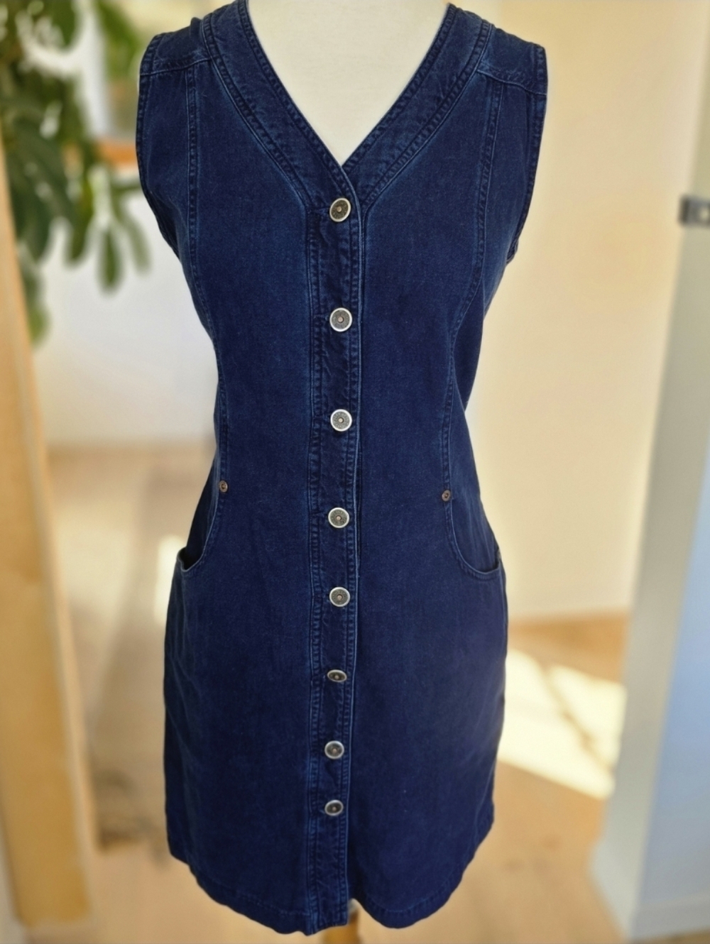 Vintage Y2k 90s Button Up V Neck Denim Mini Dress With Pockets XS SMALL 2, 4